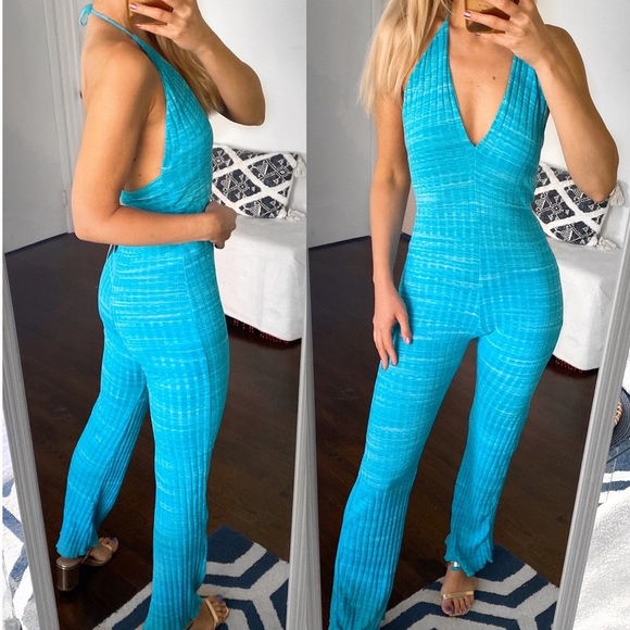 ZARA Turquoise Blue Ribbed Cotton Blend Jumpsuit size medium - Picture 4 of 14